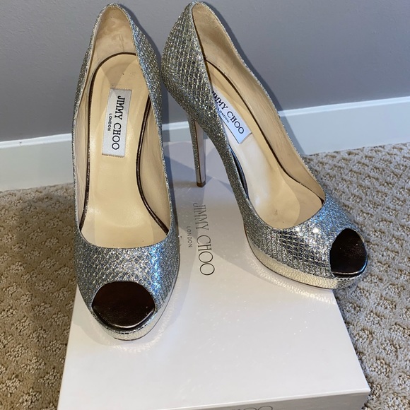 Jimmy Choo Crown Silver Glitter Platform Pumps - Picture 2 of 6